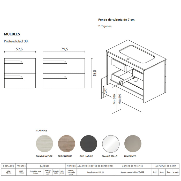 ROYO VITALE Conjunto Mueble de Baño Completo Fondo Reducido 2 Cajones Blanco Brillo