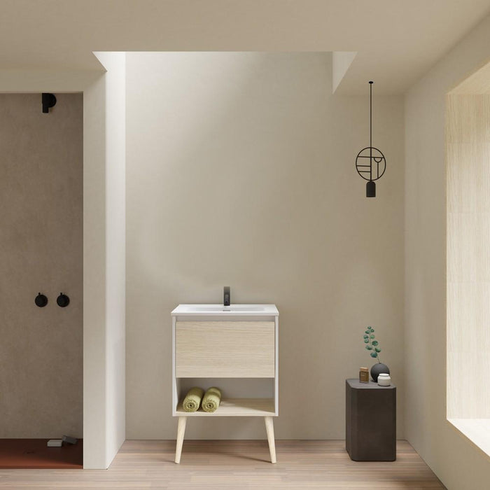 AMIZUVA NARA Mueble+Lavabo 1 Cajón 1 Hueco Blanco Mate Roble Arenado 3 a 5 Días AMIZUVA 