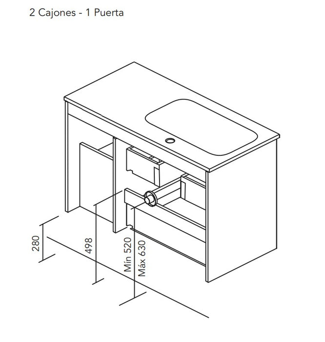 ROYO ALFA Mueble de Baño con Lavabo 2 Cajones 1 Puerta 90 cm Blanco Brillo